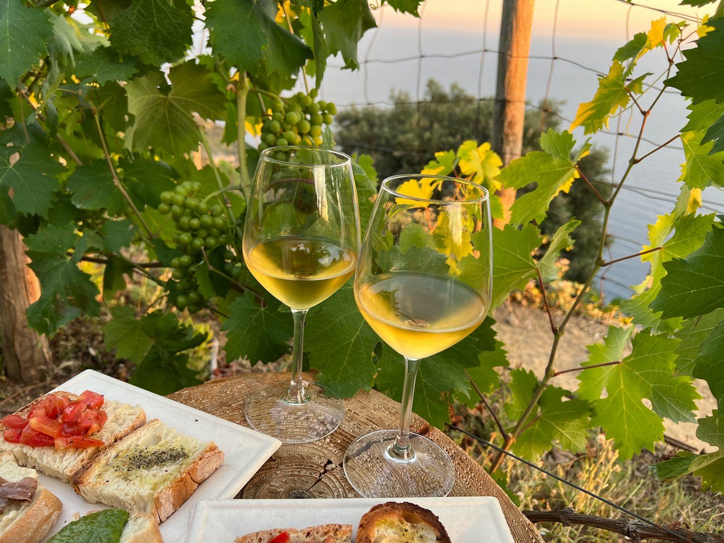 Due bicchieri di vino su un tavolo di legno con viti e stuzzichini.